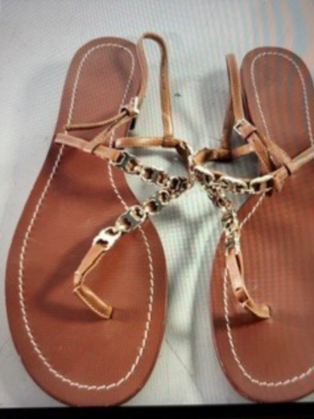 TORY BURCH Gemini Link Gold T-Strap Leather Sandals Size 10 1/2 EUC